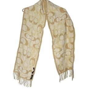 COACH Tan Ivory C Monogram 100% Merino Wool Fringe Detail Wool Winter Scarf